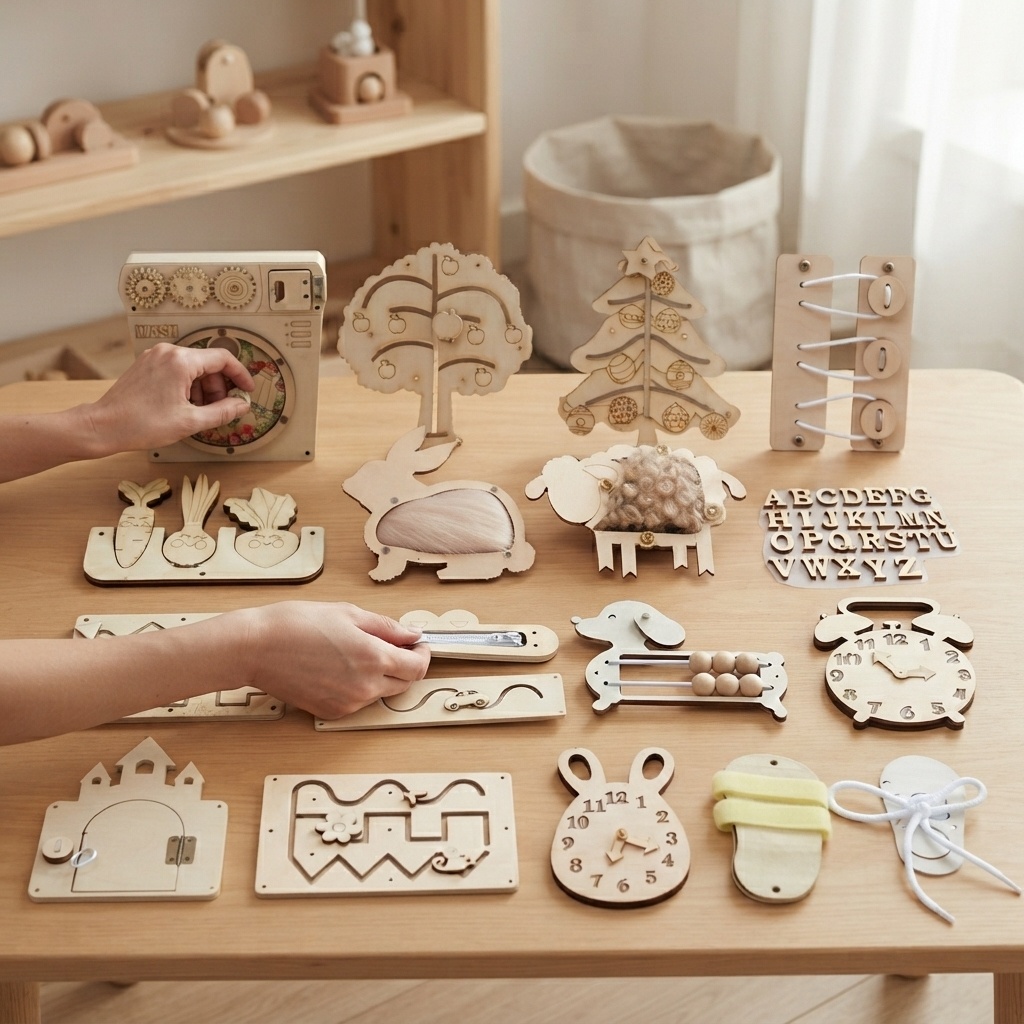 Montessori Wooden Busy Board Toddler - Tableau d'activités Montessori en bois, puzzle